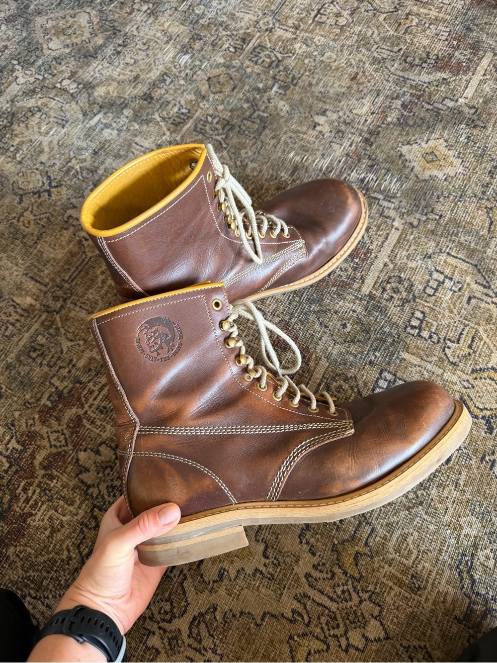 Diesel Brown Leather Lace-Up Boots with Yellow Collar